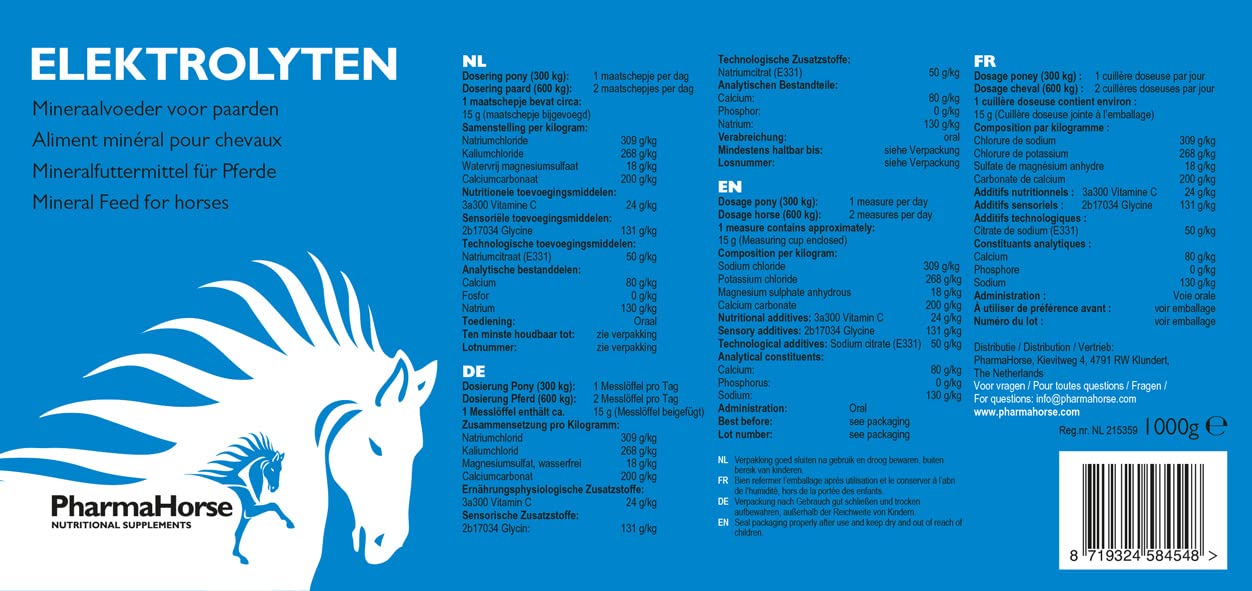 PharmaHorse Elektrolyte | Nervensystem | Muskeln | Human Grade Quality | 100% Ohne Zuckerzusatz | 1000 Gramm