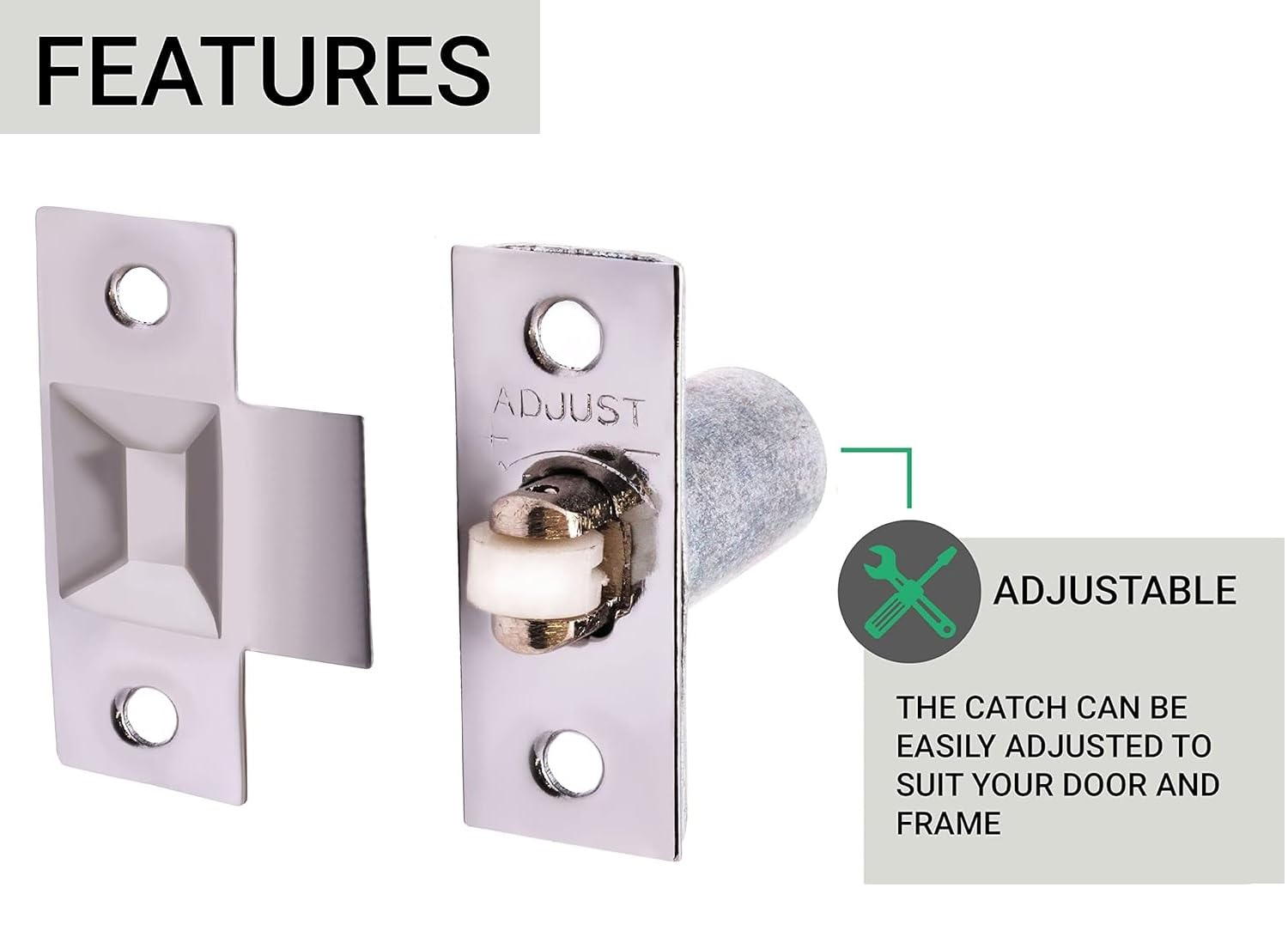Pack of 2 Adjustable Roller Catch Spring Loaded Latch Lock for Internal Doors, Nickel - Image 3