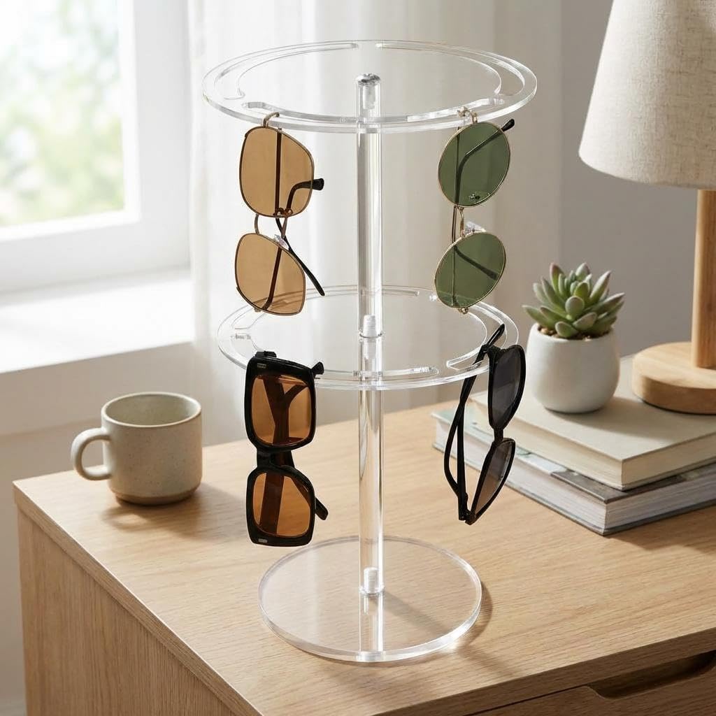 Garvee Transparent Double Layer Acrylic Sunglasses Holder, 360° Rotatable Display Stand Organiser For Up To 24 Pairs, Tabletop Eyeglasses Storage Solution