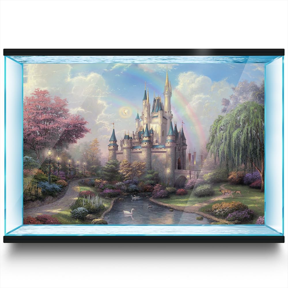 Aquarium Background Stickers - Fairytale Castle Rainbow Self-Adhesive Fish Tank Reptile Terrarium Decor Poster (80 x 40 cm / (31.4 x 15.7 inches))