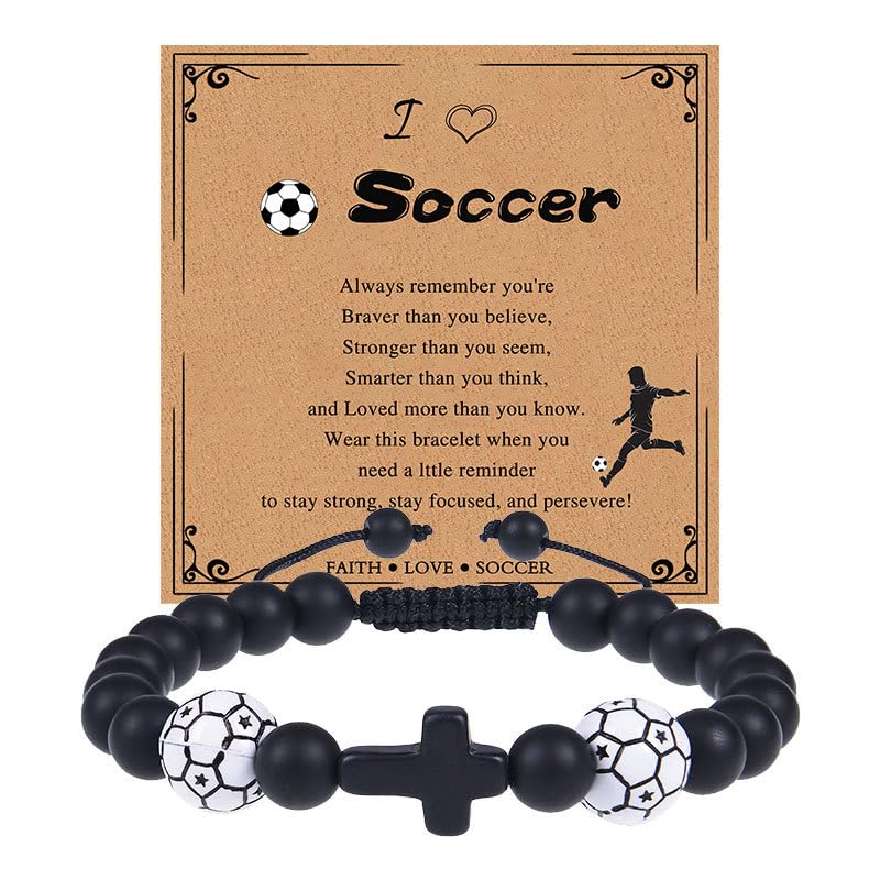 Soccer Football Cross Bracelets for Women Men Sports Bracelets Cross Bracelets Adjustable Stretch Braided Bracelets Black Beaded Charm Bracelets for Women Men Sports Team Party Favors Jewelry Gifts (A)