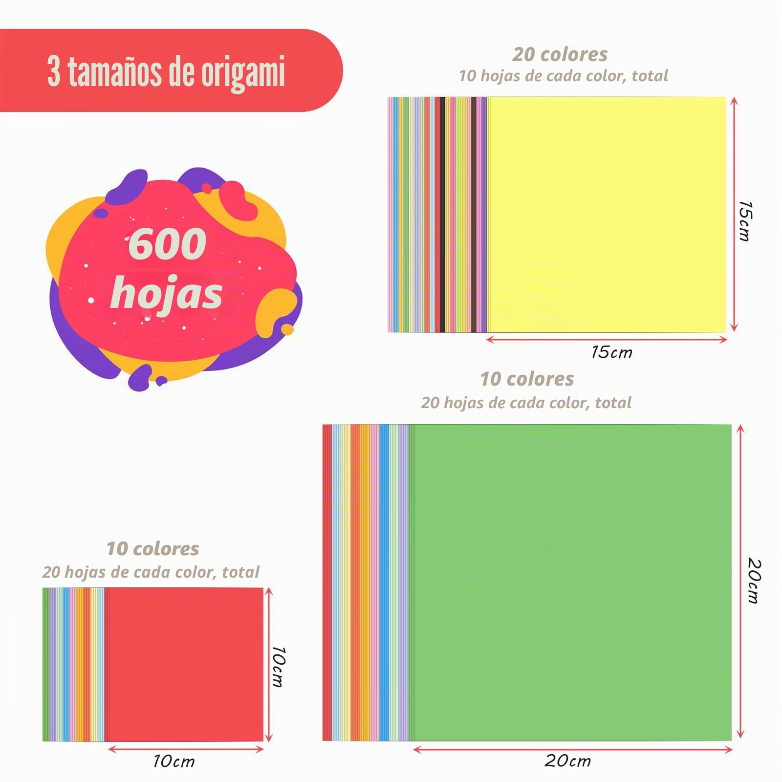 Juego de 600 hojas de origami, papel plegable cuadrado de doble cara 20x20 cm, 15x15 cm, 10x10 cm, cartulinas colores para manualidades