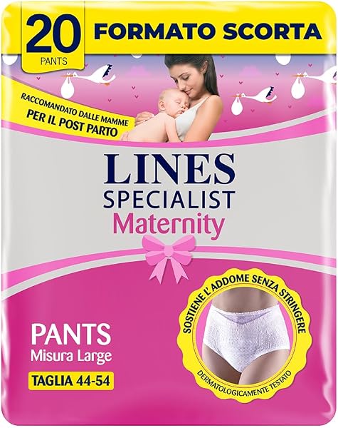 Lines Specialist Maternity, Mutandine Assorbenti Lines Maternity Post Parto, con Supporto Dell'Addome e Assorbenza Rapida per Perdite Post Parto, Taglia L, Confezione da 20 pezzi - 1
