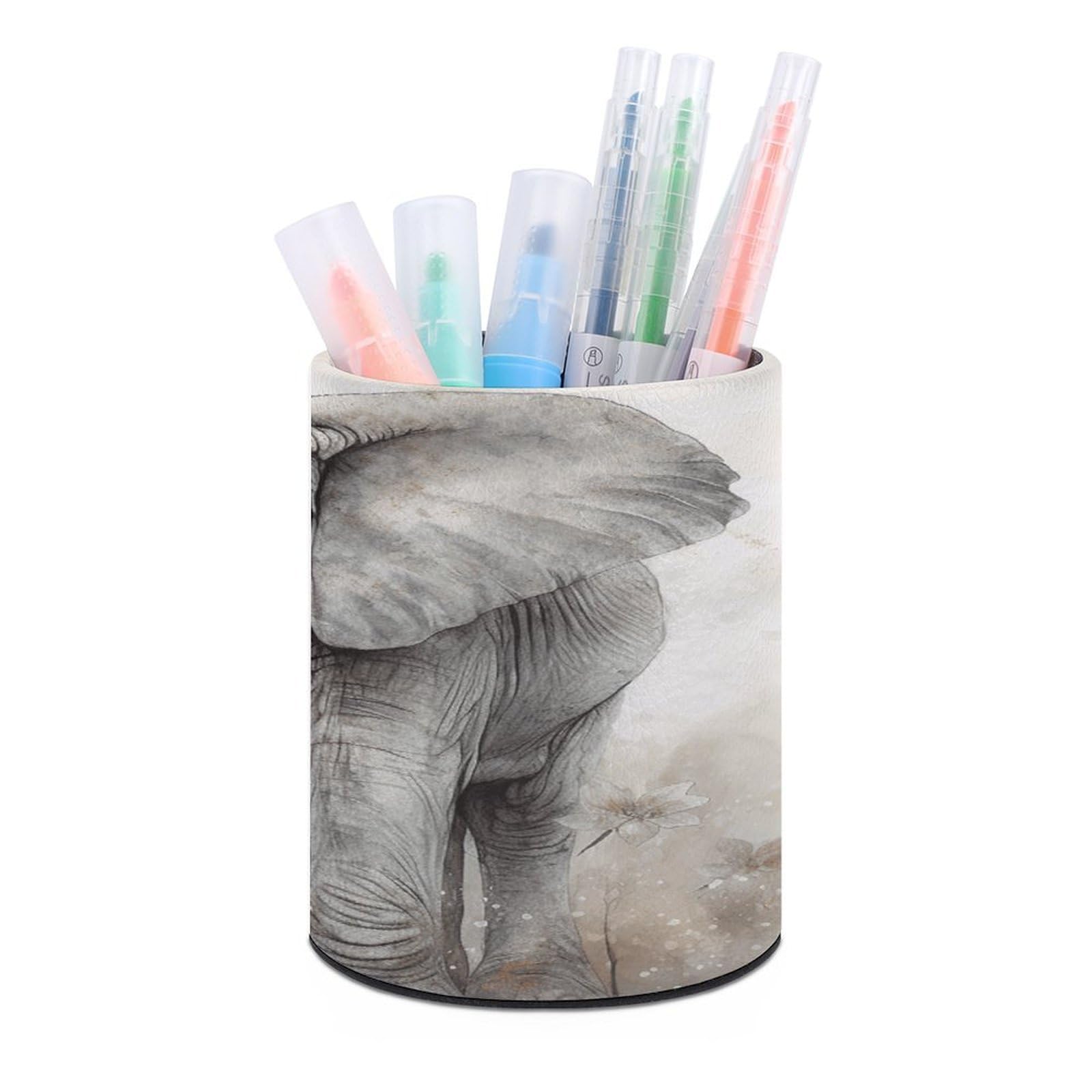 VstaDank - Round Elephant Pencil Holder PU Leather Desk Organizer for Desk Office Desk Decor (3.1" x 3.9")