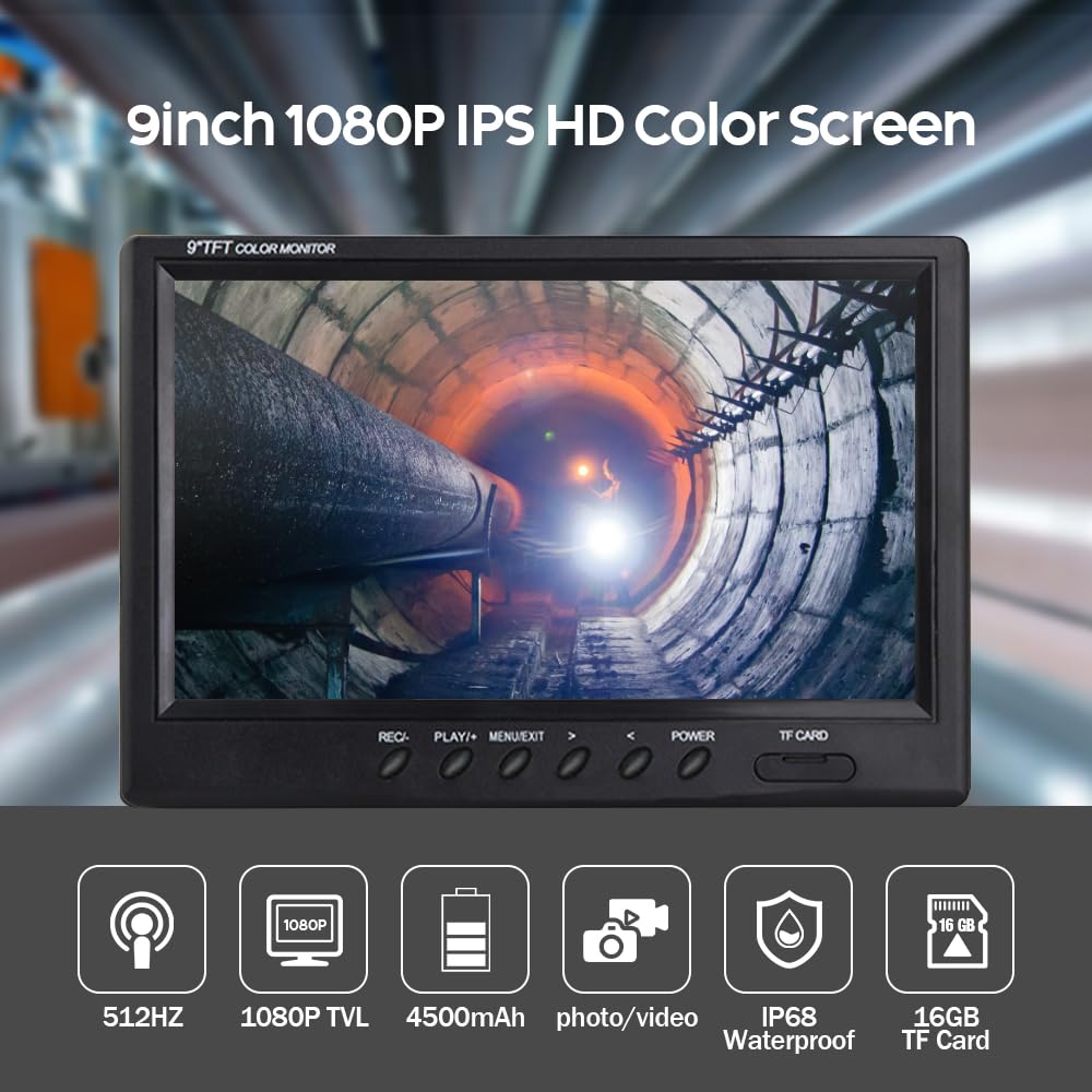 Sewer Camera with Locator,512Hz Self-Leveling Drain Endoscope Camera with 9'' IPS Monitor, IP68 Waterproof 100FT Cable Pipe Inspection Camera with DVR Recording and 16GB Memory Card