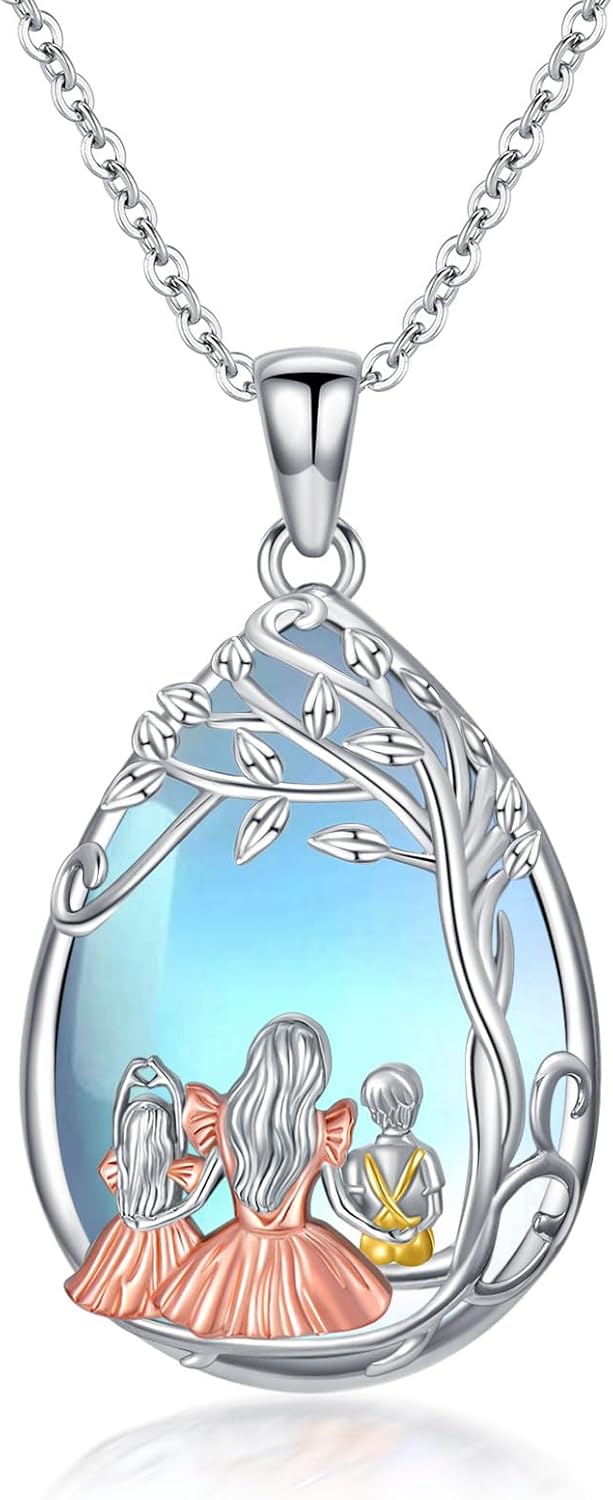 Dorunmo Mother and Father 1/2/3 Daughters/Son Necklace 925 Sterling Silver Sisters Gifts Moonstone Mother's Day Jewelry Gifts for Daughter Mom