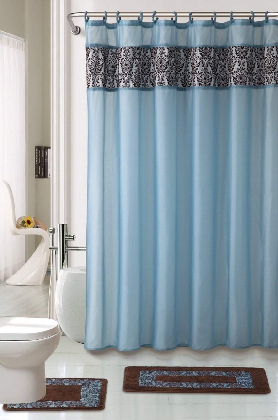 19-Piece Complete Bathroom Set - Printed Shower Curtain, Bath Mats & Ceramic Accessories