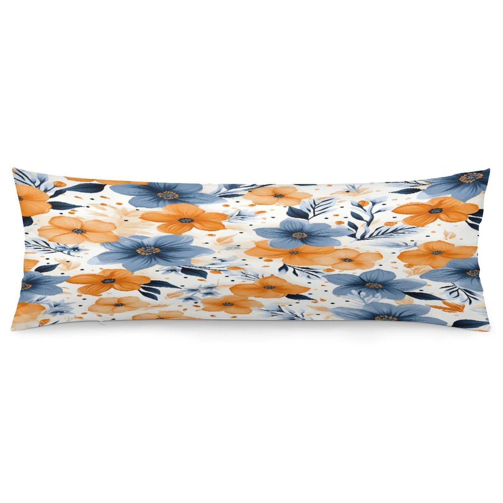 Blue and Orange Flowers on White Background Body Pillow Cover Luxury Long Body Pillow Pillowcase with Hidden Zipper Breathable Soft Cozy Pillow Case Wrinkle Fade Resistant Pillowcase 20''×54''