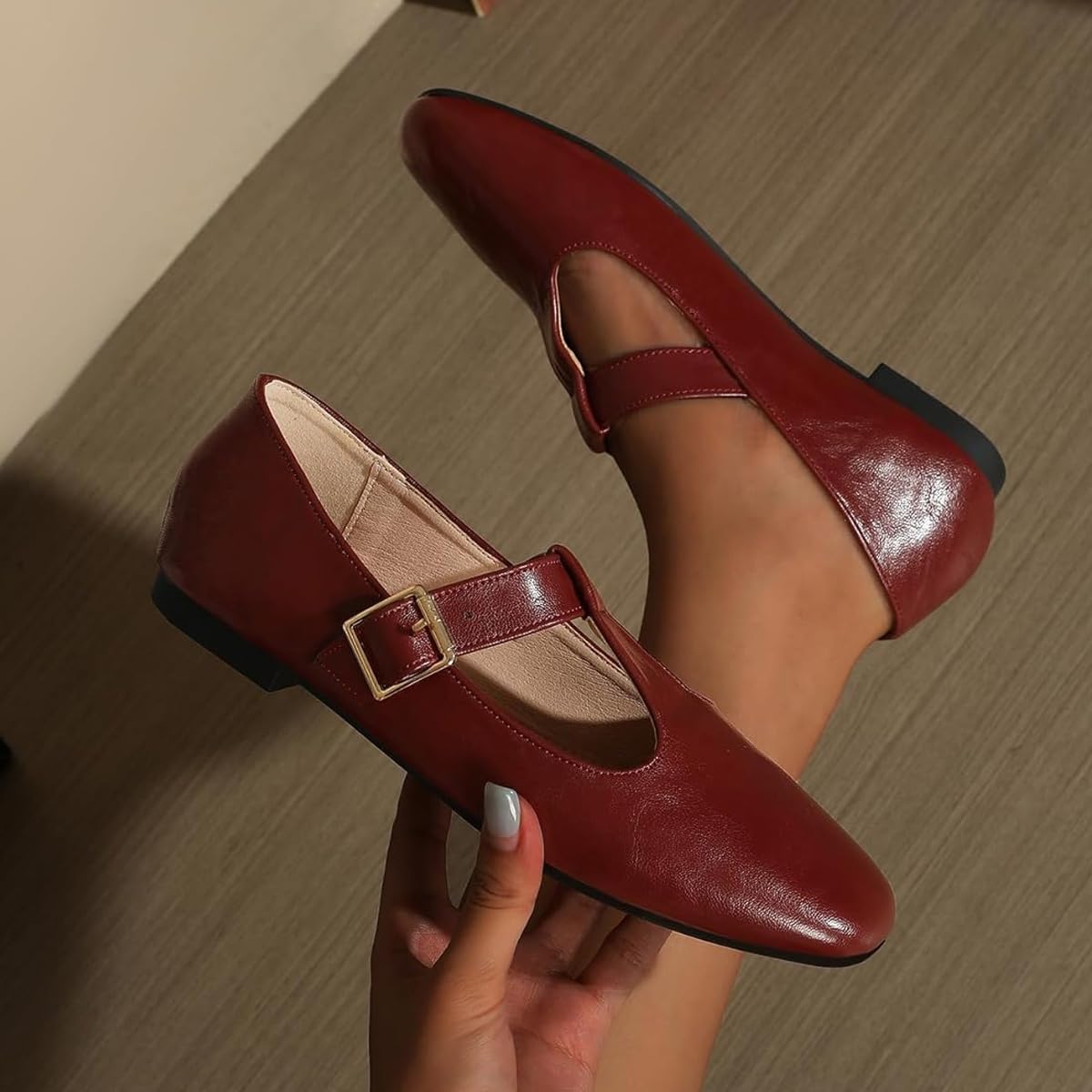 Mary Jane - Ballerine classiche da donna, con cinturino a T, comode, in poliuretano, a punta, da lavoro, eleganti