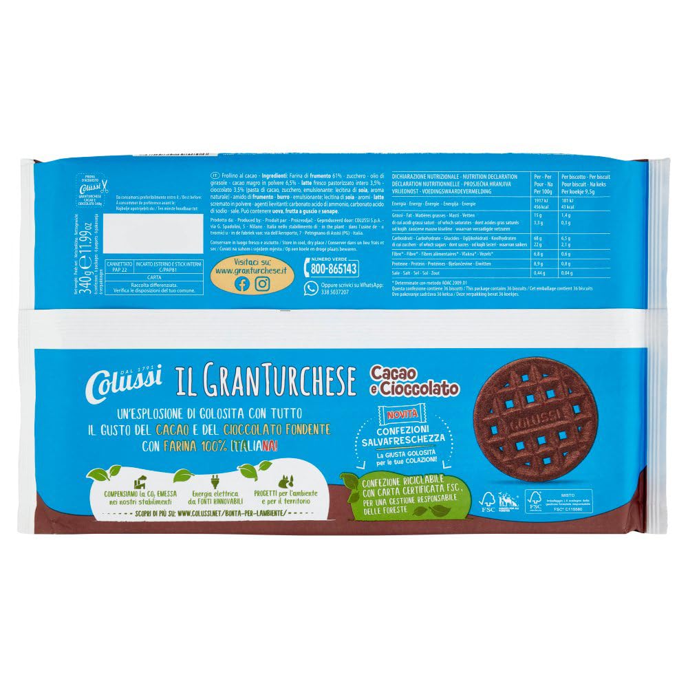 8X Colussi Il GranTurchese con Cacao e Cioccolato Fondente 6 Porzioni Salvafreschezza 340g [CAIYA® BOX da 8 Confezioni]