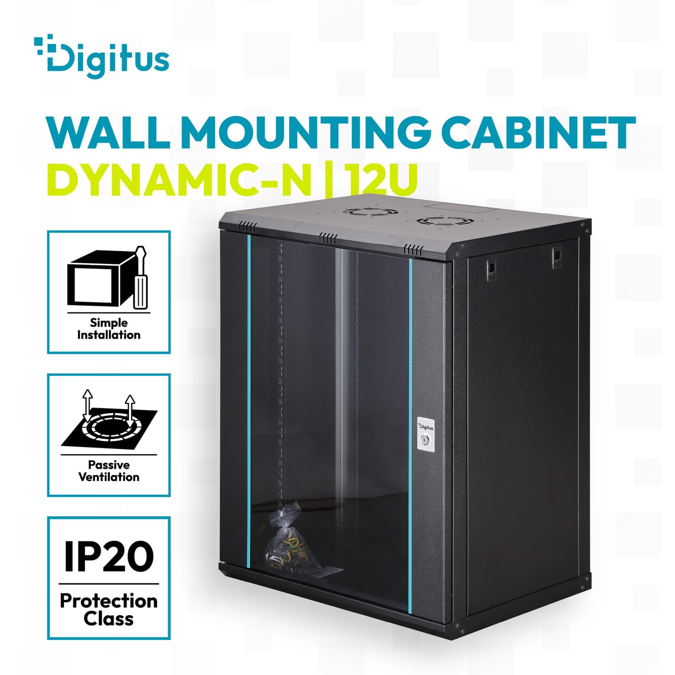 DIGITUS Armoire réseau – 19 Pouces, 16 U – Non montée – Dynamic-N – Noir | Profondeur de 450 mm – Profondeur utile de 320 mm – Montage mural – Capacité de charge de 60 kg – Porte vitrée