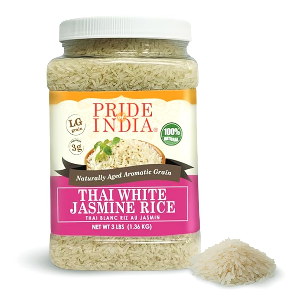 Premium Thai Hom Mali Jasmine Rice from Pride of India – Naturally Fragrant – Oriental cuisines Accompaniment – Make Delicious Sticky Rice Pudding - Taste in 3 Pound Jar