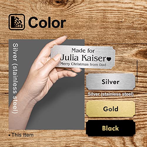 Image of Personalized Name Plates, Silver Engraved Plaque, Stainless Steel Trophy Plates Engraved, Custom Name Plate with Adhesive Backing or Screws, 6 inch W x 2 inch H
