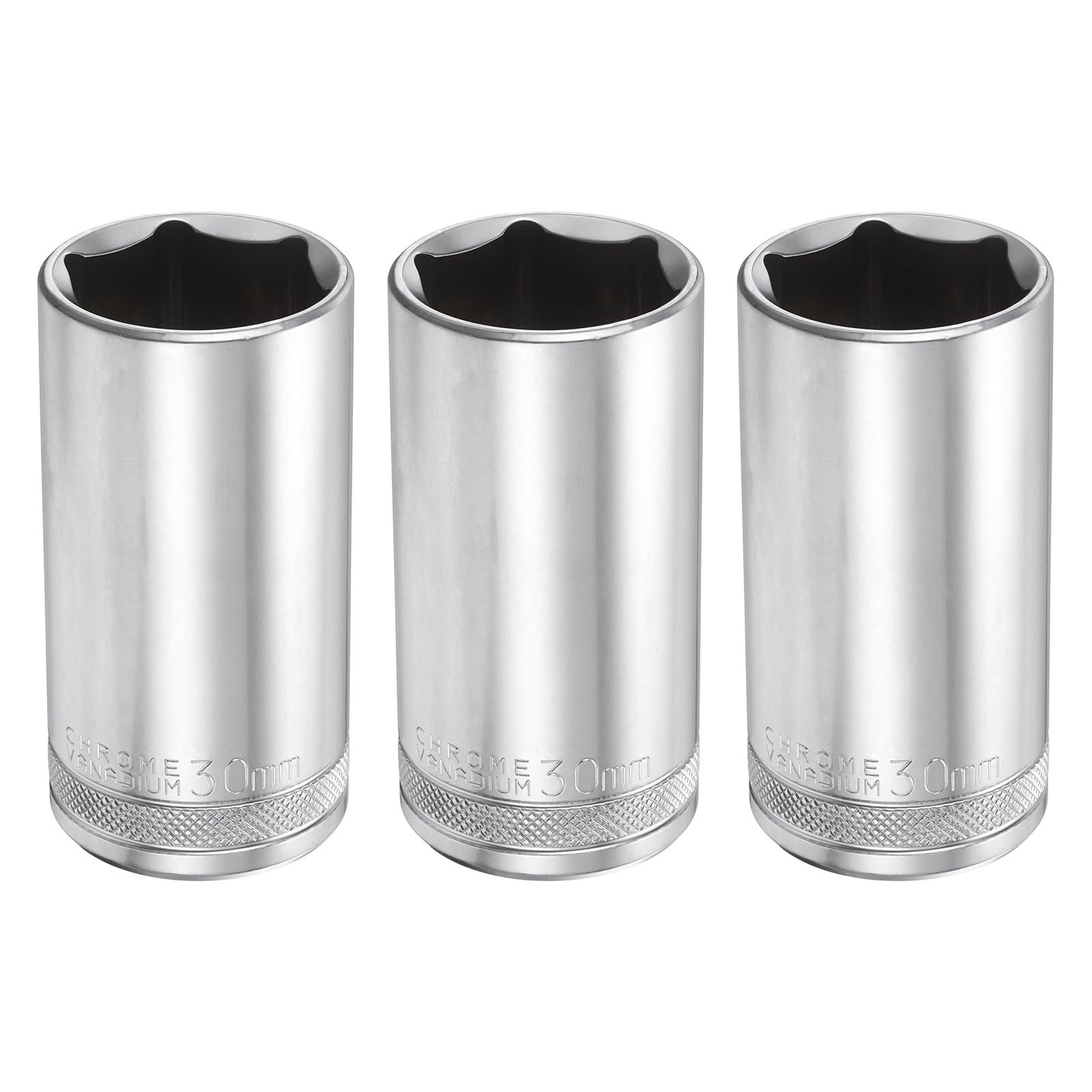 sourcing map 3pcs 6 Points Deep Socket 1/2" Drive 30mm Deep Metric CR-V Steel Polished Nickel Plating 78mm / 3.1" Long Hex Socket Tool for Home Auto Nuts Bolts Repair