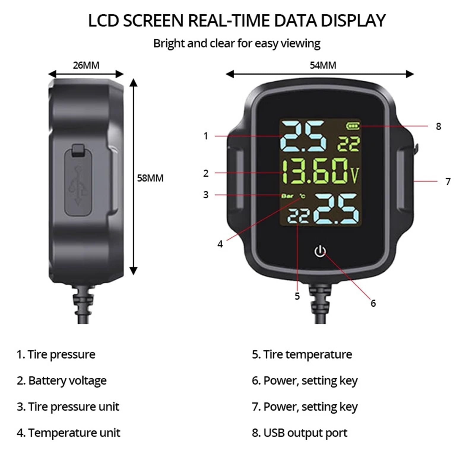 Monitor ciśnienia w oponach TPMS motocykla z wyjściem USB System monitorowania ciśnienia w oponach motocykla System alarmowy temperatury opon Cyfrowy miernik ciśnienia w oponach