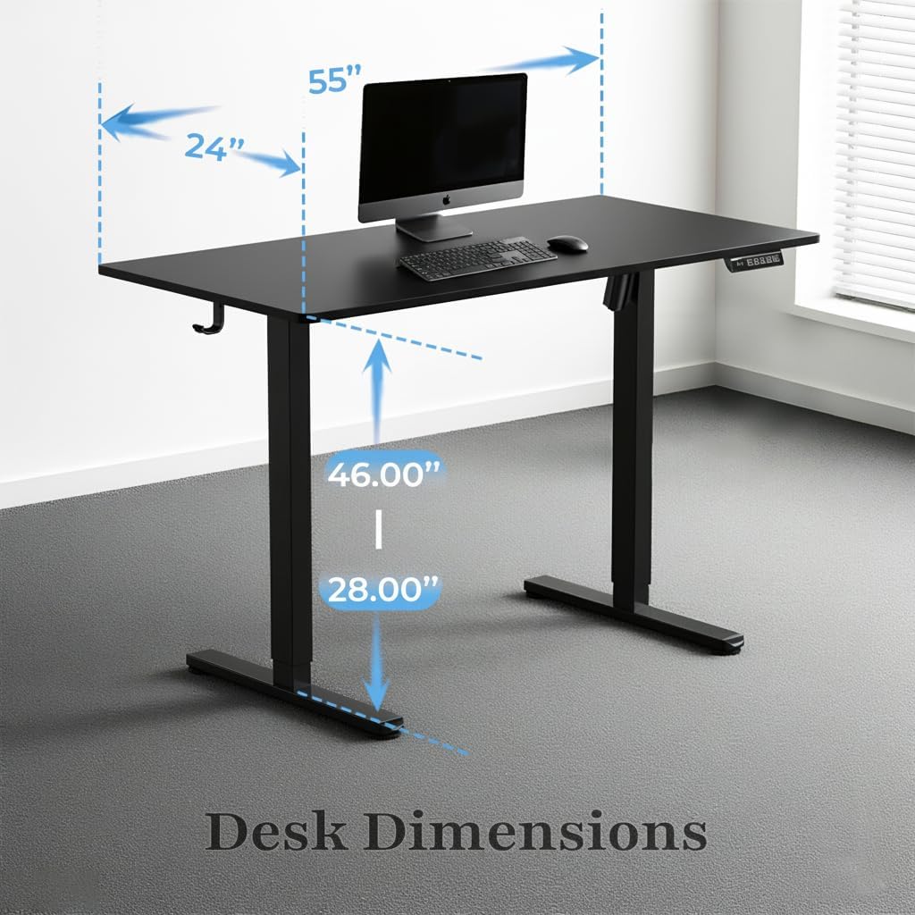 NSY Audio Electric Standing Desk 55x24 Inches - Height Adjustable, Whisper Quiet Motor, Walnut Top & Black Frame for Home Office Gaming, Focused Work, Black