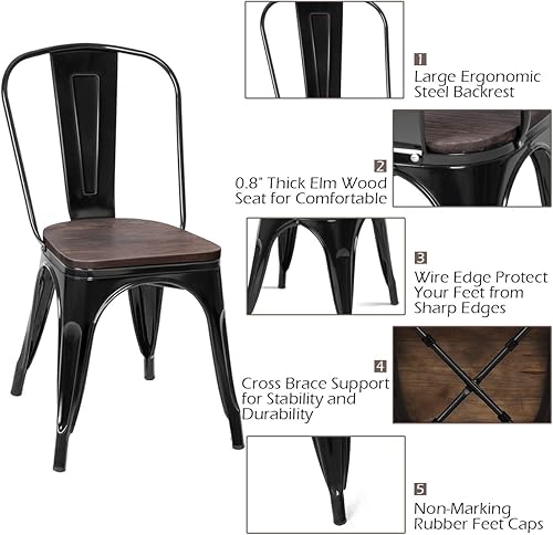 Miniatura 4 de DORTALA Juego de 4 sillas de comedor apilables de metal con asiento de madera y protectores de goma, silla auxiliar de cocina estilo Tolix, sillas