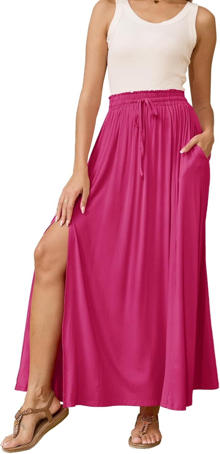 Women’s Maxi High Elastic Waisted Skirt Flowy A-Line Split Hem Beach Long Skirts for Women with Pockets