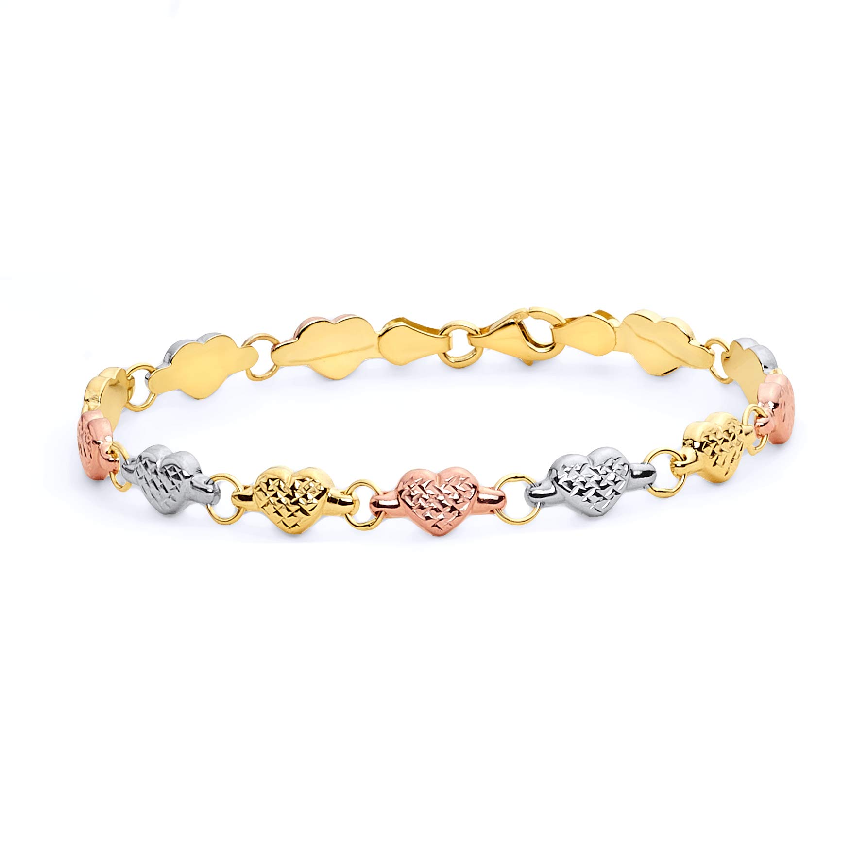 14k REAL Tri Color Gold Diamond Cut Stampato Heart Bracelet with Lobster Claw Clasp - 7"