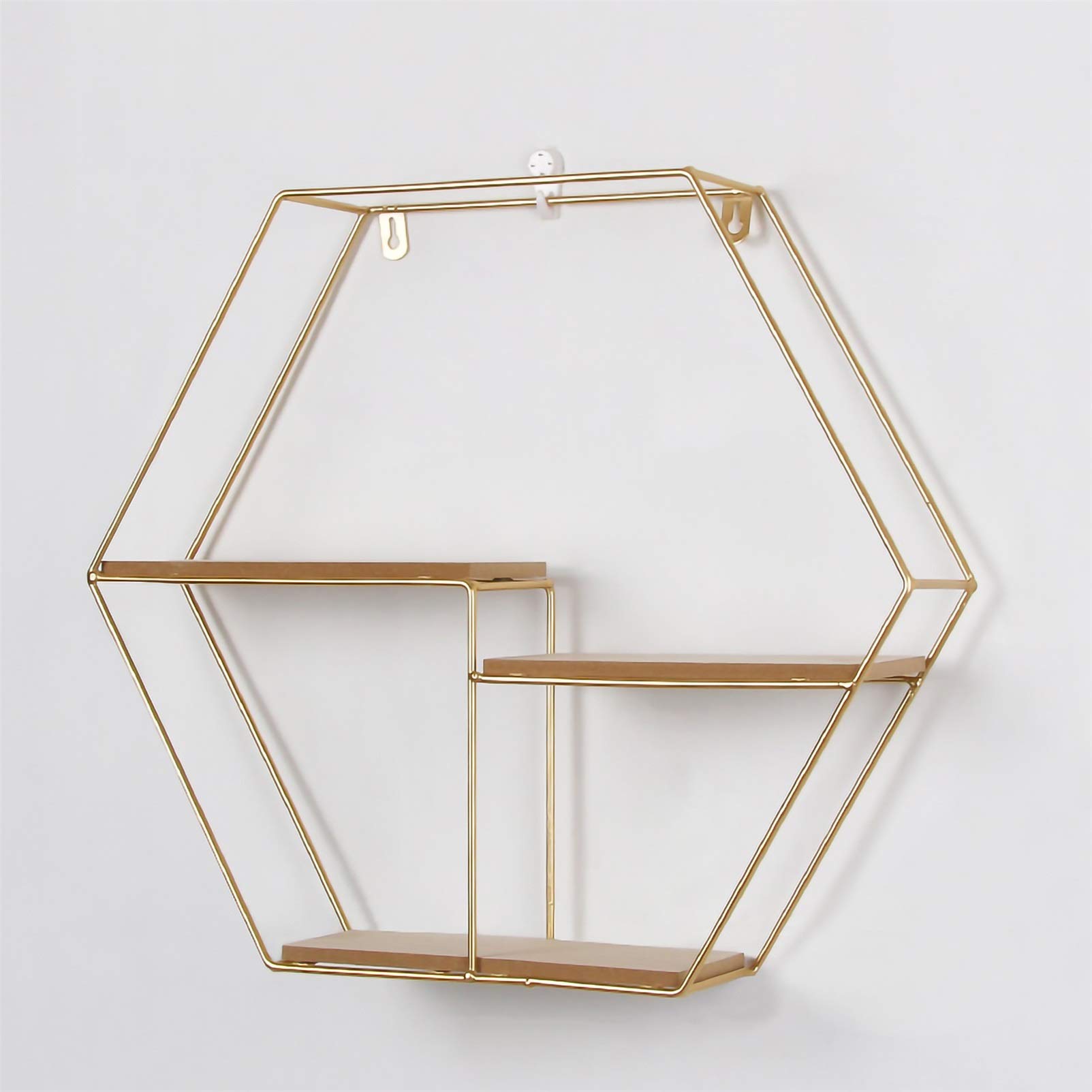 PULaif Floating Shelves for Wall, Hanging Floating Shelves For Wall Solid Wood Wrought Iron Hexagon Gold 48x42x10 cm