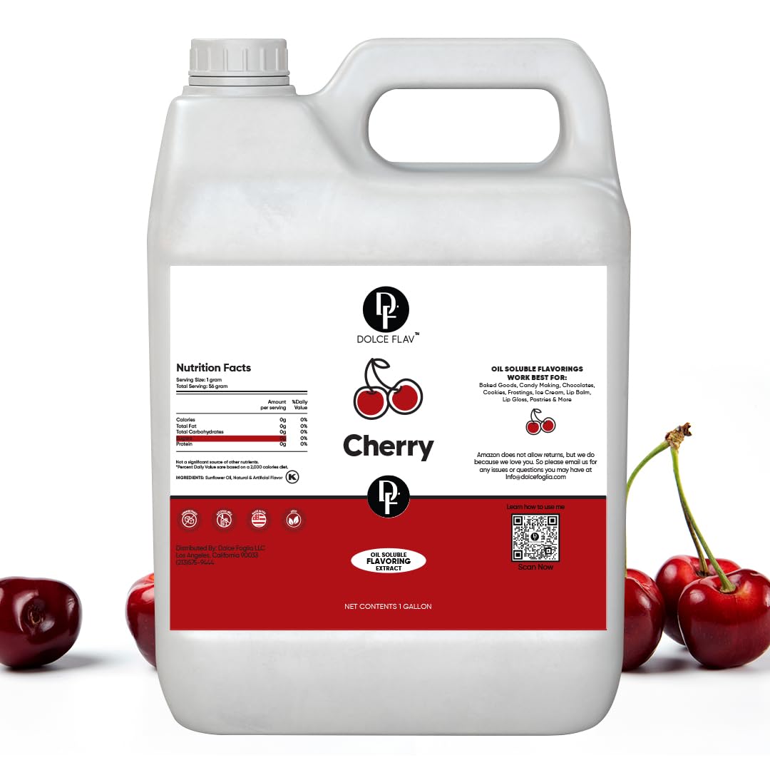Dolce Flav Cherry Extract – 1 Gallon Oil-Soluble Kosher, Sugar-Free, Concentrated Fruity Flavor for Candy, Chocolates & Desserts