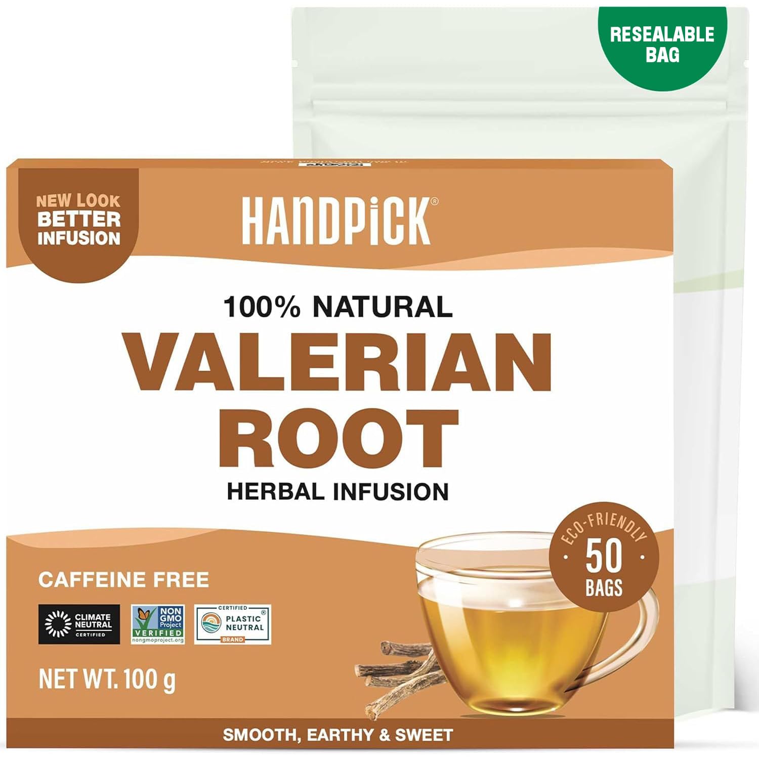HANDPICK, Valerian Root Tea Bags (Valeriana) 50 Count | Non-GMO, Caffeine Free, Real Ingredients | Earthy/Woody Herbal Tea Bags | Round Eco-conscious Tea Bags