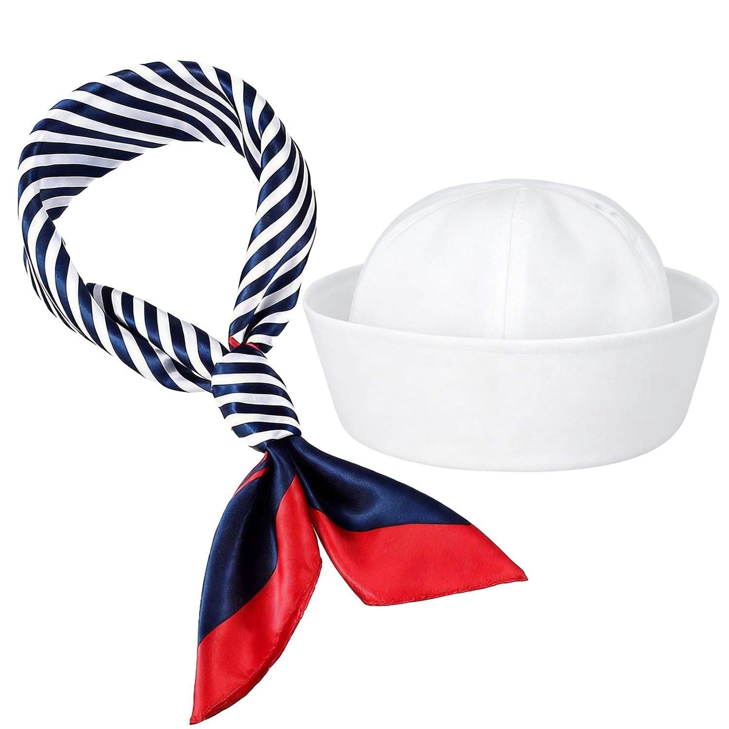 WADUBI White Sailor Hat and Scarf Set for Costumes - Nautical Style Hat, 50x50cm Scarf for Fancy Dress, Cosplay Parties and Marine Themed Events