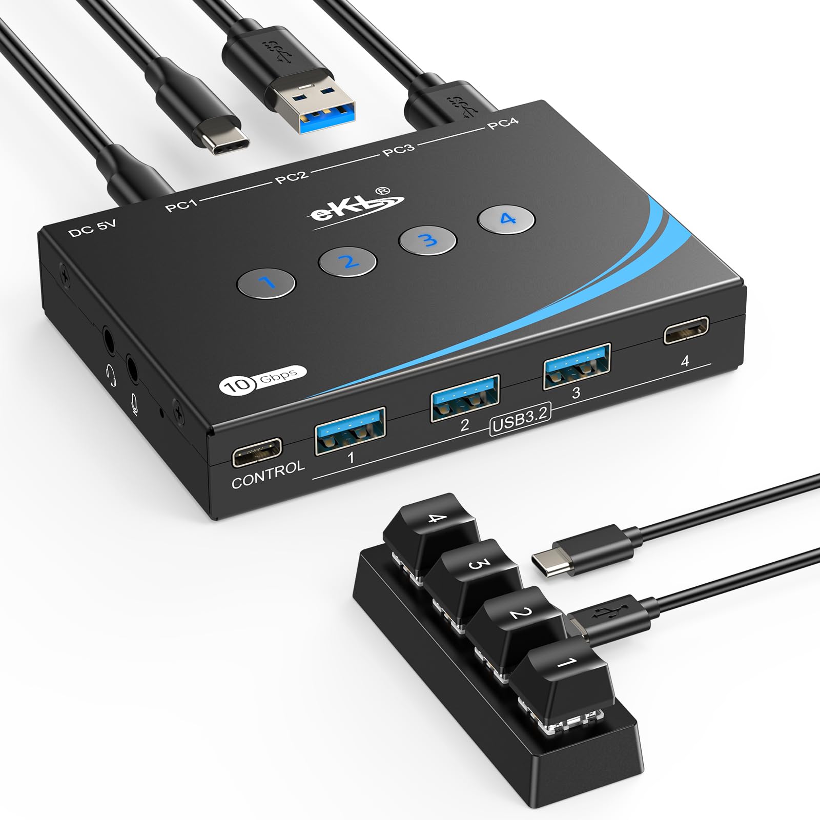 eKL Interruptor USB 3.2 para 4 computadoras, 2 entradas USB-C + 2 USB-A de 10 Gbps, comparte 1 USB-C + 3 periféricos USB-A como mouse y teclado, impresora, escáner, con conector para auriculares de