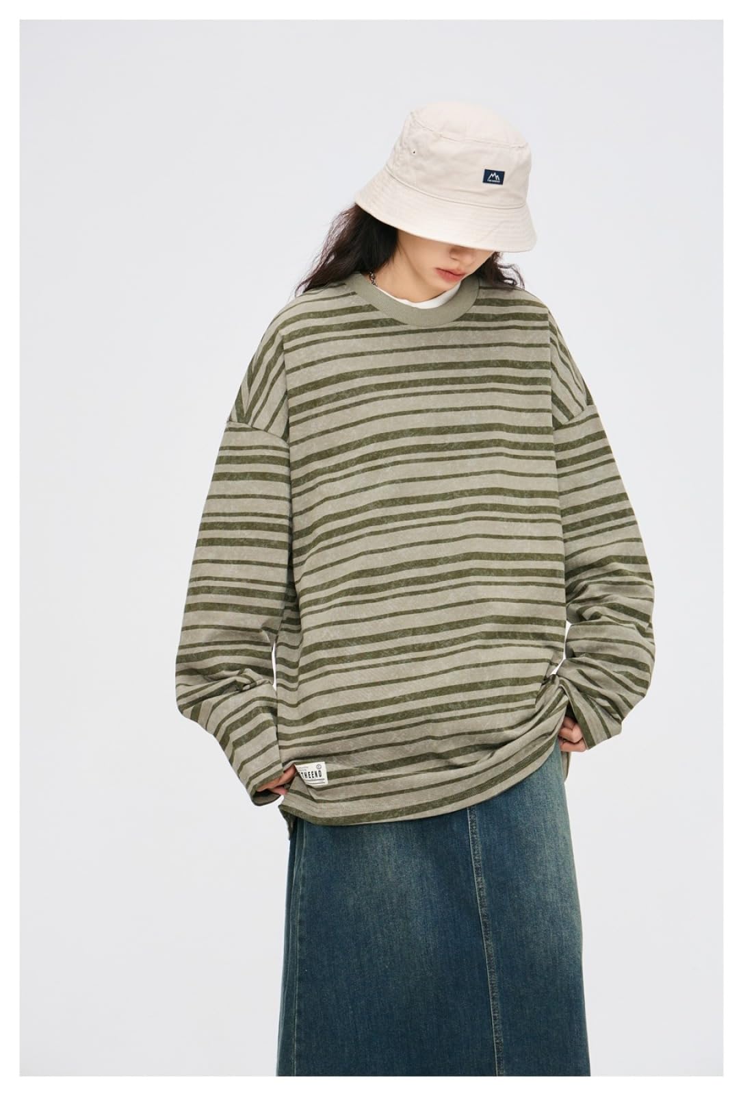 Camiseta Unisex De Algodón Pesado, Camiseta De Manga Corta Informal, Suave Y De Gran Tamaño,Básica,Camiseta A Rayas De Manga Larga, Cuello Redondo Holgado.,Verde Militar,l