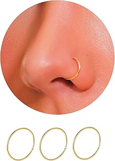 14K Gold Nose Ring Hoop for Women, Thin Nose Piercing jewelry (Gold, 3pcs- 8mm 22 gauge)