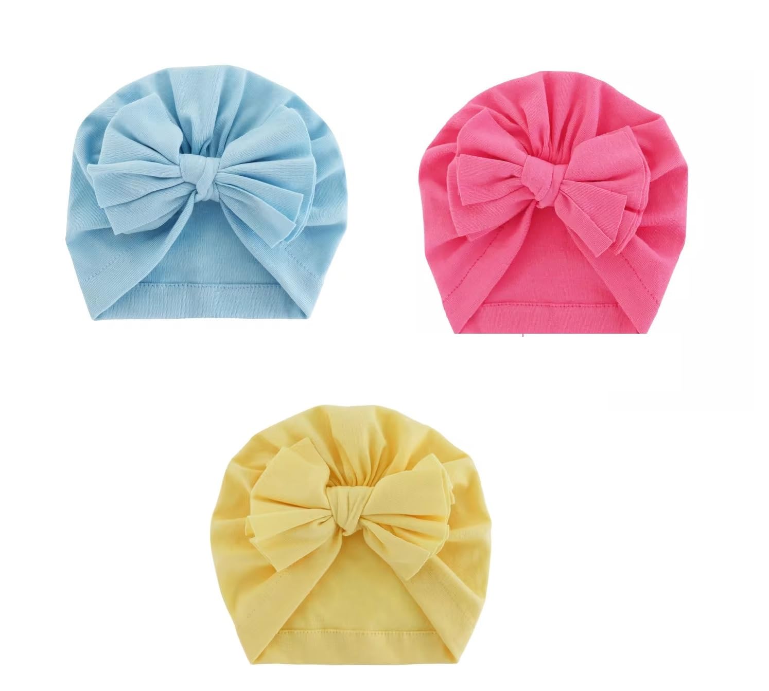 Blue Pink Yellow Turban Bow Cap for Baby Girl & Baby boy - Baby Cap Perfect for Photoshoot dayout Hospital Cap for Age 3 to 36 Months