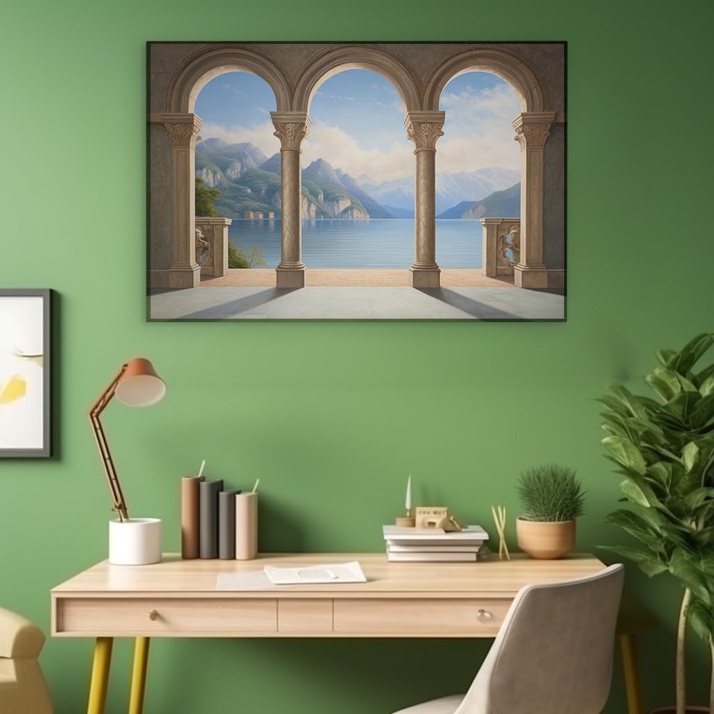 Canvas for Living room. Sunlit Serenity: A Balcony View of Lush Beauty and Glistening Waters, 27 x 18 inch Canvas Wall Art - Contemporary Masterpieces - Modern Home Decor