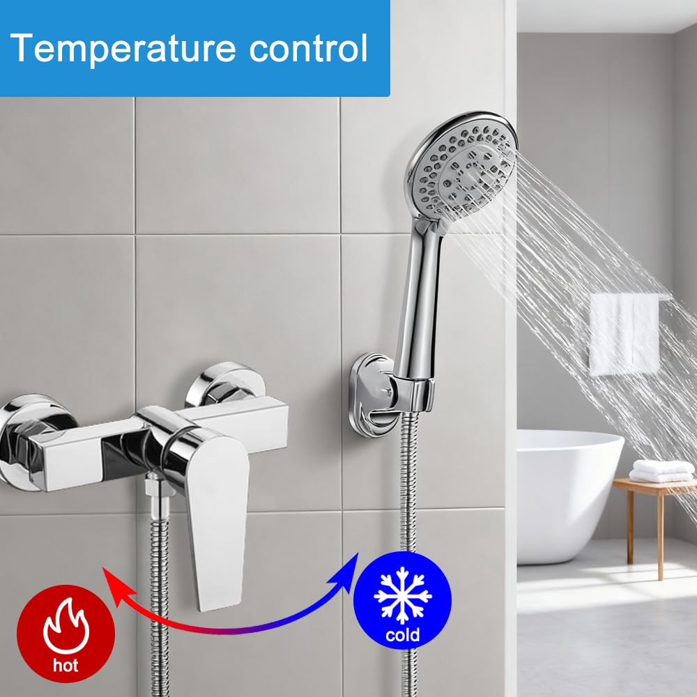 Grifo mezclador de ducha cromado montado en la pared, barra mezcladora de ducha G1/2 pulgadas, grifo mezclador de ducha para agua fría y caliente, control preciso de temperatura, grifo de
