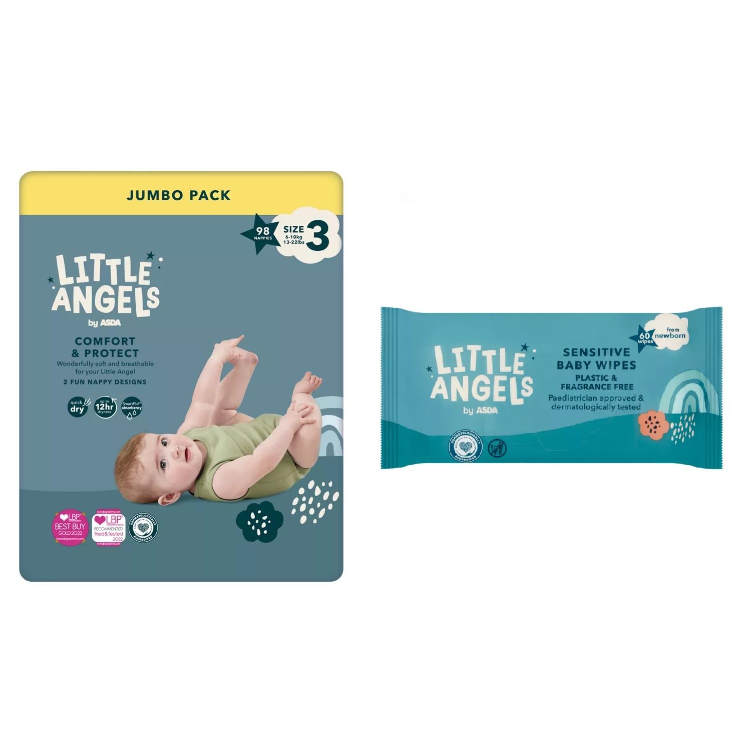 Little Angels Size 3 Nappies 98 Pack + 60 Fragrance Free Baby Wipes