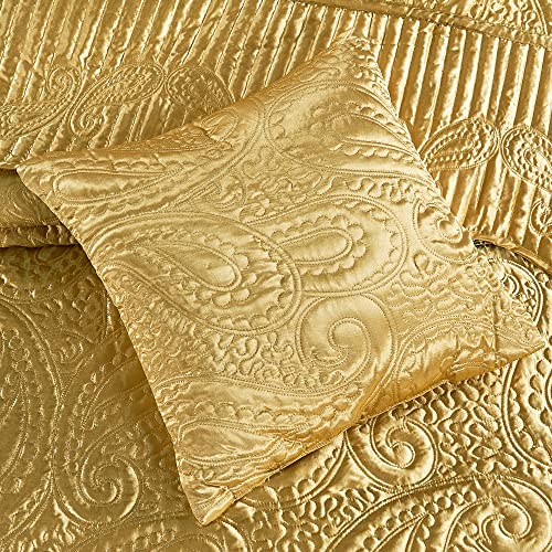 Home Soft Things Quilted Satin 4 Piece Bedspread Set, Paisley Design Bed Cover, Soft Lightweight Bedding Set For All Season, Embroidered Coverlet, Oversized Queen, Gold (110" X 120") #TOP5