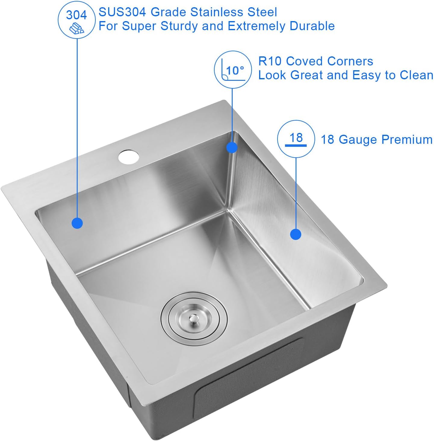 MENATT 15 x 17 Inch Drop in Bar Sink, Single Faucet Hole Single Bowl Topmount Small Kitchen Sink, 304 Stainless Steel Kitchen Bar or Prep Sinks, Brushed