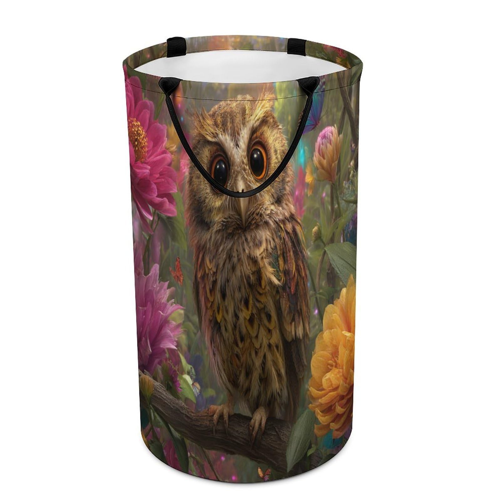 LUYYSKY Rustic Abstract Cute Owl Collapsible Dirty Clothes Basket, Classic Oil Painting Forest Plant Flowers Animals Owl Pattern Portable Clothes Storage Basket
