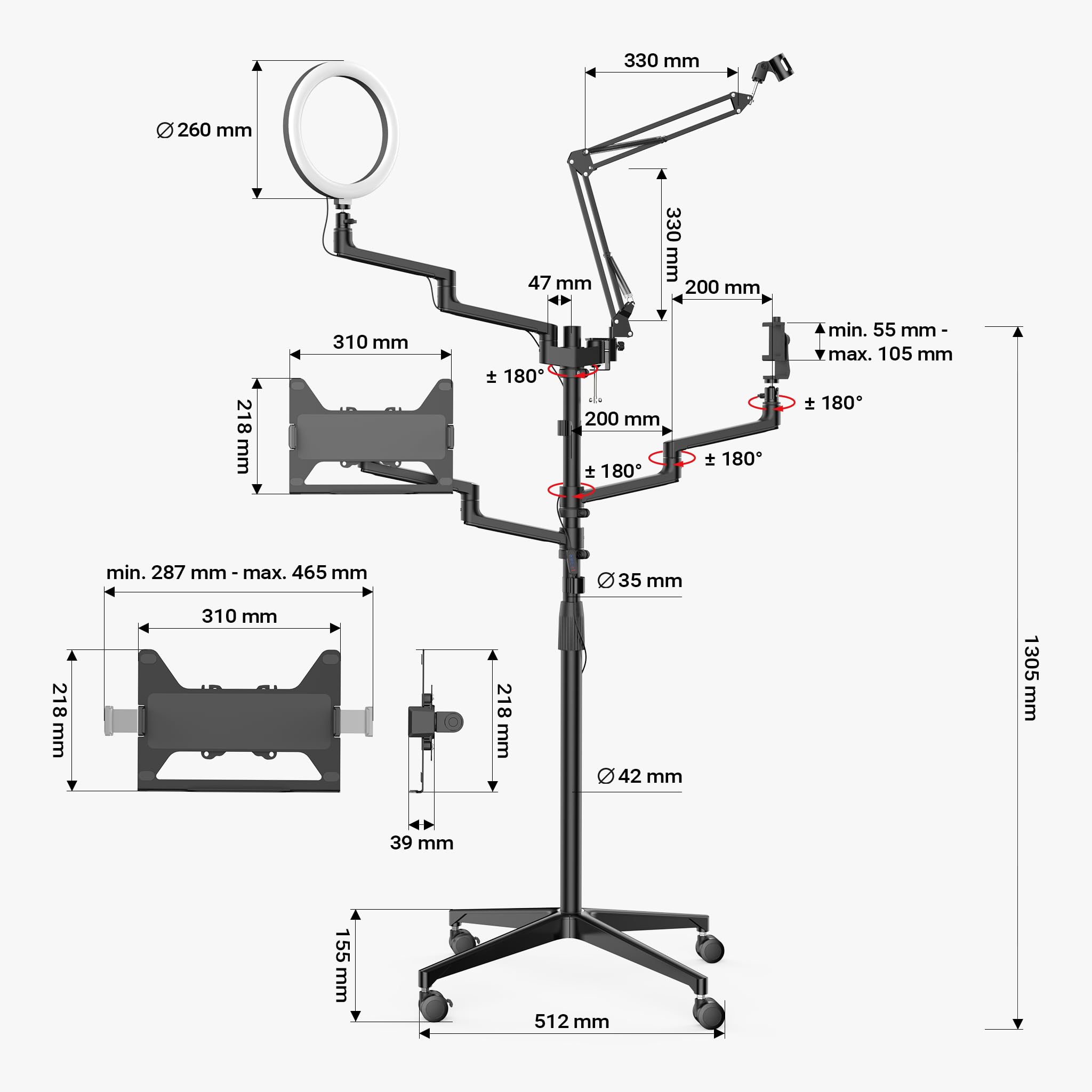 WilTec Soporte de Streaming 4 en 1 99,6x15,2 x143 cm Base con Ruedas 1 Brazo de micrófono 3 Brazos articulados para cámara, Anillo de luz y Monitor/Ordenador Base de Broadcast
