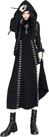 WANSHIX Womens Long Dress Dark Gothic Cami Dress with Slit Short Parka Setup, Halloween Costume