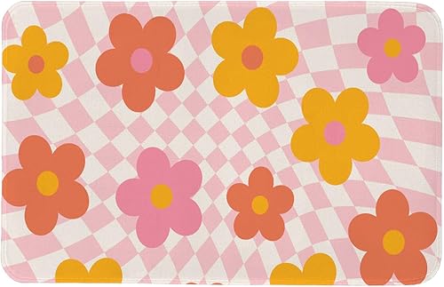 EXUQO Tapete de puerta de flores, tapete delantero de flores rosas, tapetes retro de los años 70 para dormitorio de niñas, cocina, baño, felpudos de