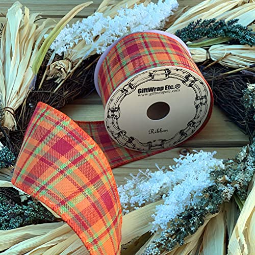 Image of Fall Cider Plaid Wired Ribbon - 2 1 /2 inch x 10 Yards, Orange, Green, Red, Fall Plaid, Autumn Decor, Halloween, Thanksgiving, Christmas Ribbon, Farmhouse Decor, Garland, Wreath, Bows, Gift Basket,
