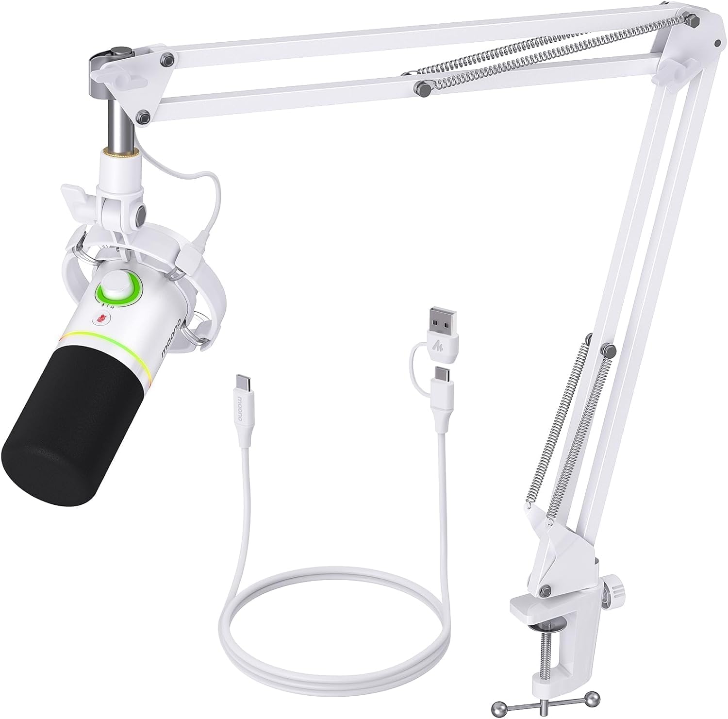 MAONO XLR/USB Dynamic Microphone Kit, RGB Podcast Mic with Software, Mute, Gain Knob, Volume Control, Boom Arm for Streaming, Gaming, Voice-Over, Recording-PD200XS White