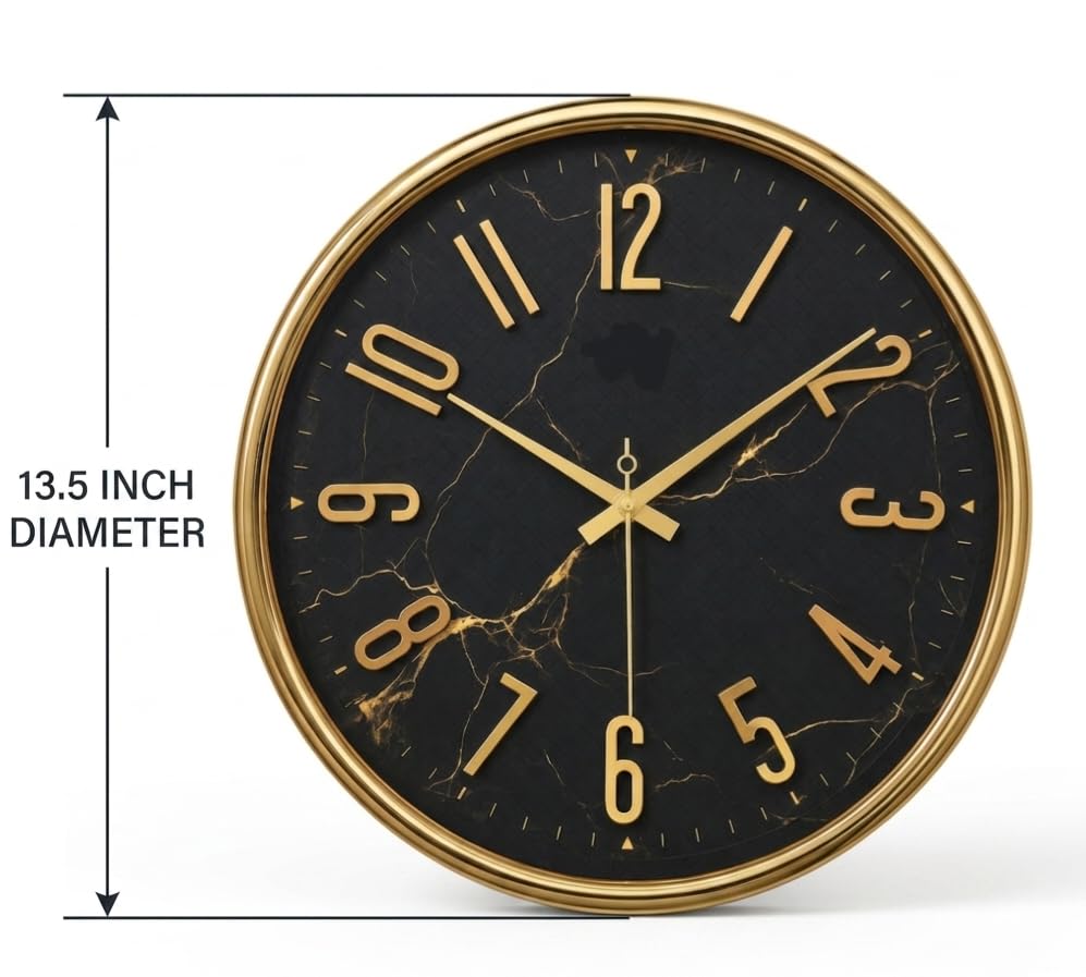 Image of Designer Wall Clock 13.5 Inch for Living Room Stylish Gear Design Seconds Needle (Black Marble)