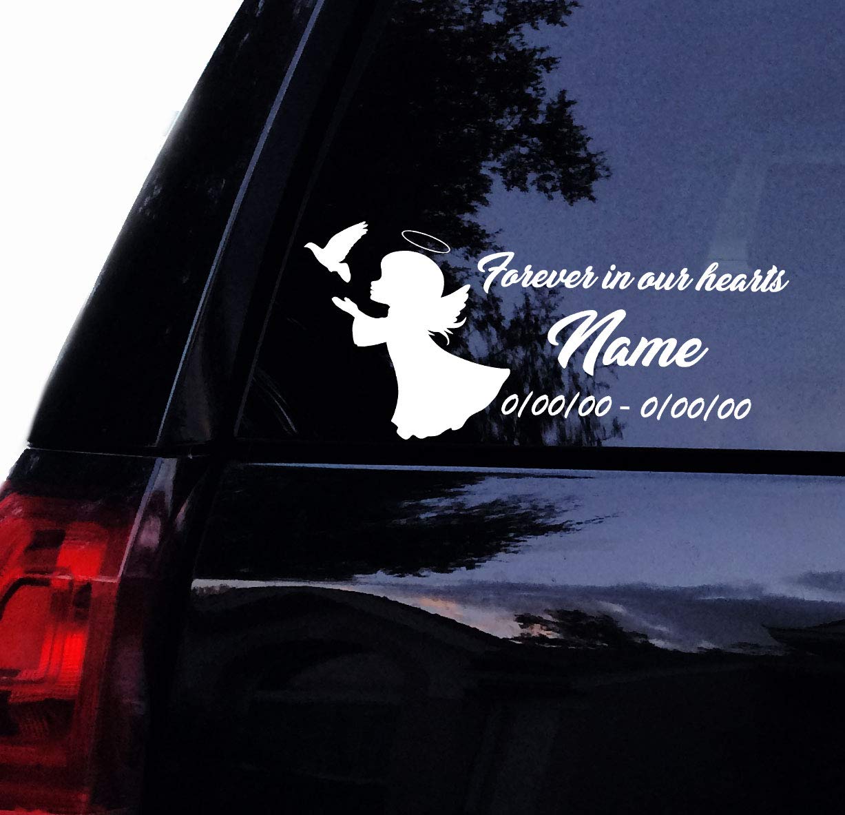 Tshirt RocketTshirt Rocket Forever in Our Hearts Memory Decal - Vinyl Car Decal Window Sticker (8", White)
