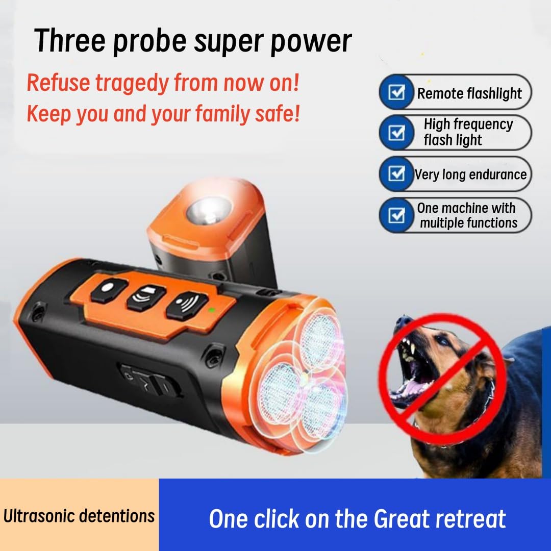 Disuasivos recargables para ladridos de perros con linterna LED, linterna ultrasónica de tres cabezas, repelente de perros, clicker para perros de entrenamiento, silbato para dejar de ladrar