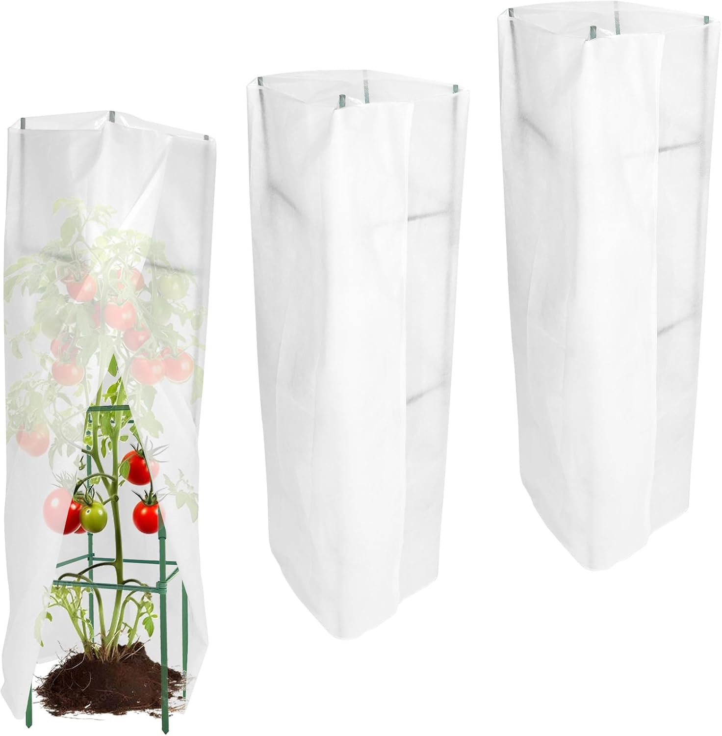 3-Pack 12" Width Up to 63" Tomato Cage & Winter Plant Cover Bundle – Adjustable Square Tomato Cages with Frost Protection Covers