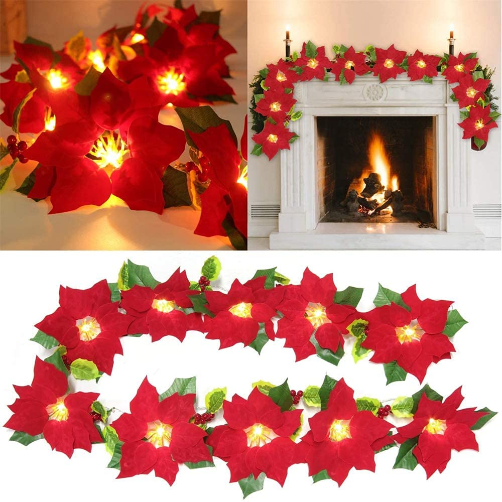Guirlande Lumineuse 2M 20LED Poinsettia Garland, Avec Feuilles De Houx Aux Baies Rouges Guirlandes Lumineuses Decorations Arbres De Noel 96379059