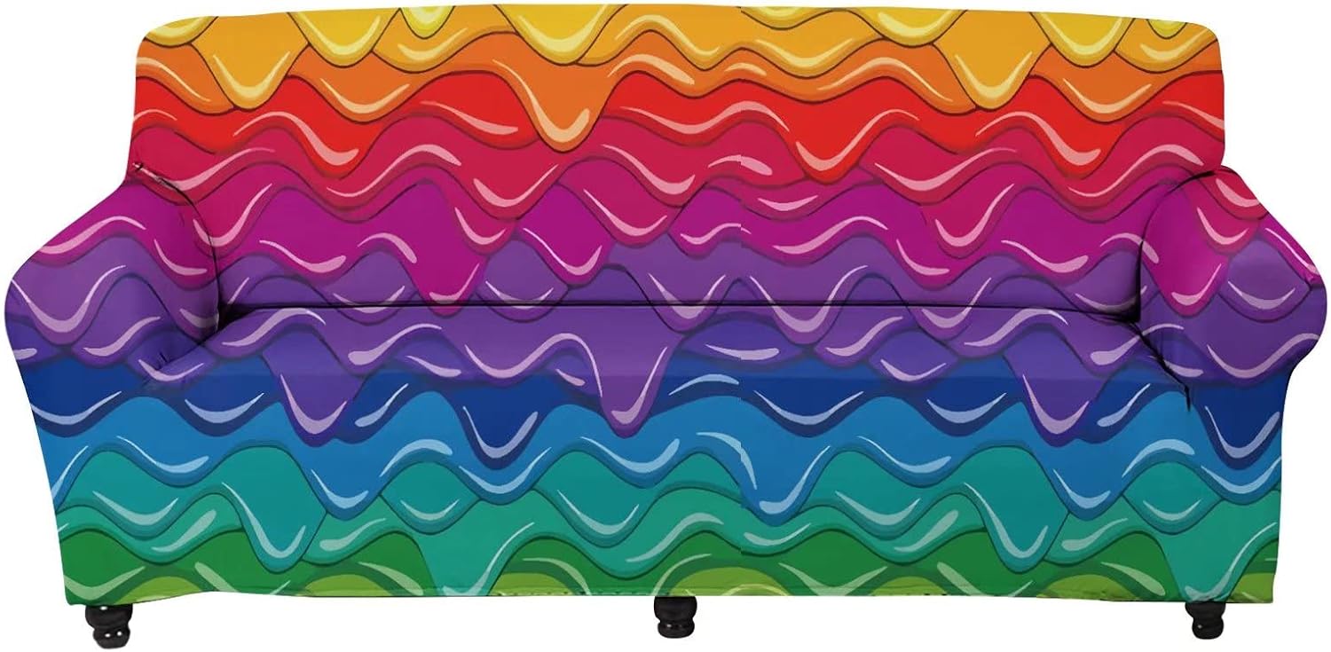 Forchrinse Rainbow Print Stretch Sofa Slipcover Furniture Protector for 3 Cushion Cover,Polyester Sofa Couch Cover with Non Slip Foam,Easy to Install