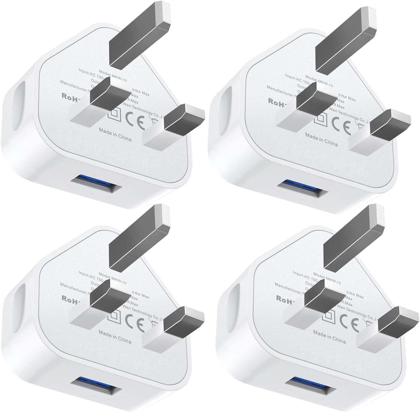 FB (4 Pack) USB Plug UK Mains Charger, USB Wall Plug Adaptor UK Compact Power USB Adapter Socket Charge Head 5V/1AMP Multipack Single Port Charging for iPhone 11/10/Xs/XS Max/XR/X/8/7/6 Plus/5/4,