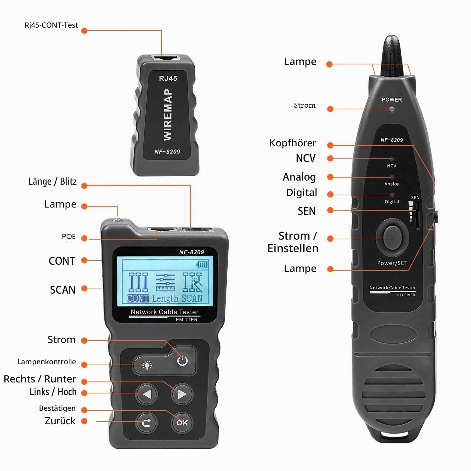 4-in-1 Netzwerkkabel-Tracker, PoE-Tester mit NCV & Lampe für CAT5e/CAT6/CAT6a, Erkennung von PoE-Spannung, PSE-Standards, Kabelfehlerabstandsmessung durch TDR Funktion NF-8209